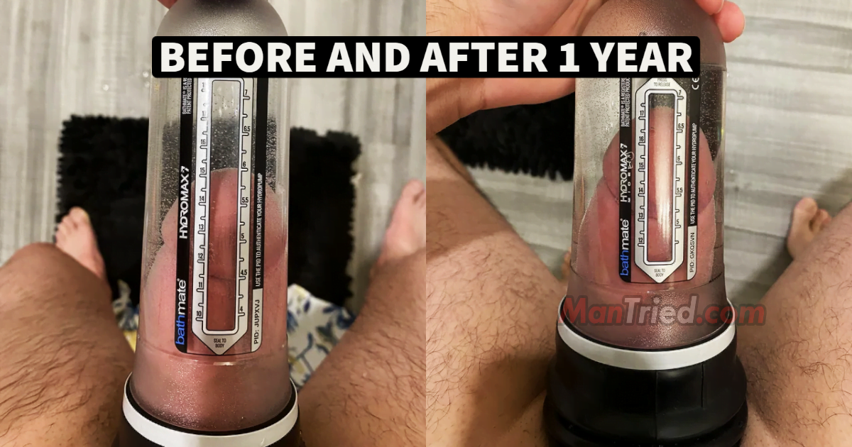 Before and after images showcase the Bathmate results in penis enhancement.