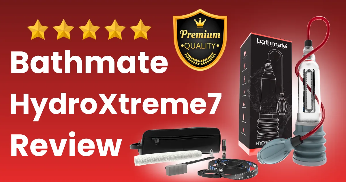 Bathmate HydroXtreme7 review with five gold stars, a “Premium Quality” badge, product box, the pump device, accessories, all set against a striking red background.