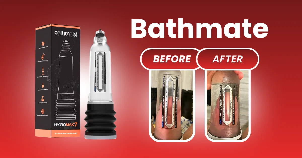 Bathmate HydroMax7 pump with packaging on a red background. Beside it, Bathmate before and after images showcase the pump in use, highlighting its effectiveness.