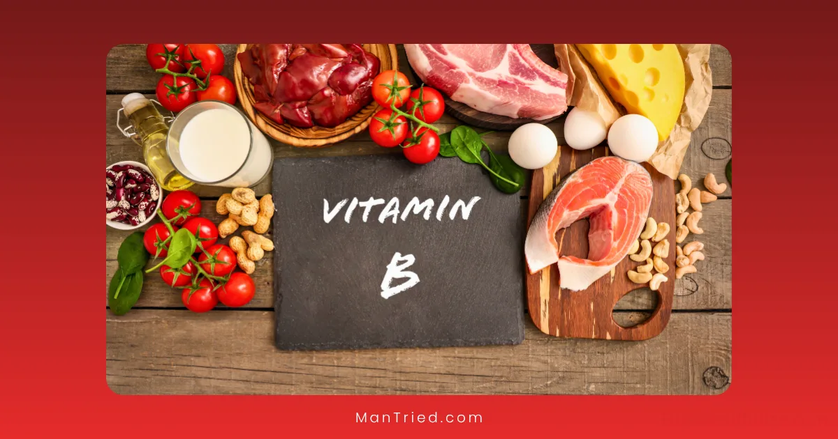 A chalkboard with B vitamins written on it, surrounded by various foods such as meat, liver, cheese, eggs, milk, tomatoes, spinach, nuts, and a bottle of oil, all arranged on a wooden table.