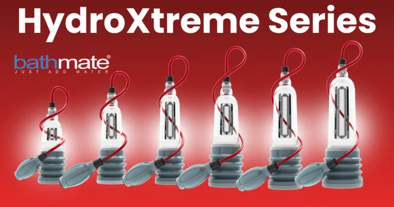 Six clear pump devices from the HydroXtreme series by Bathmate are displayed in a row on a red background, with bold white text overhead.