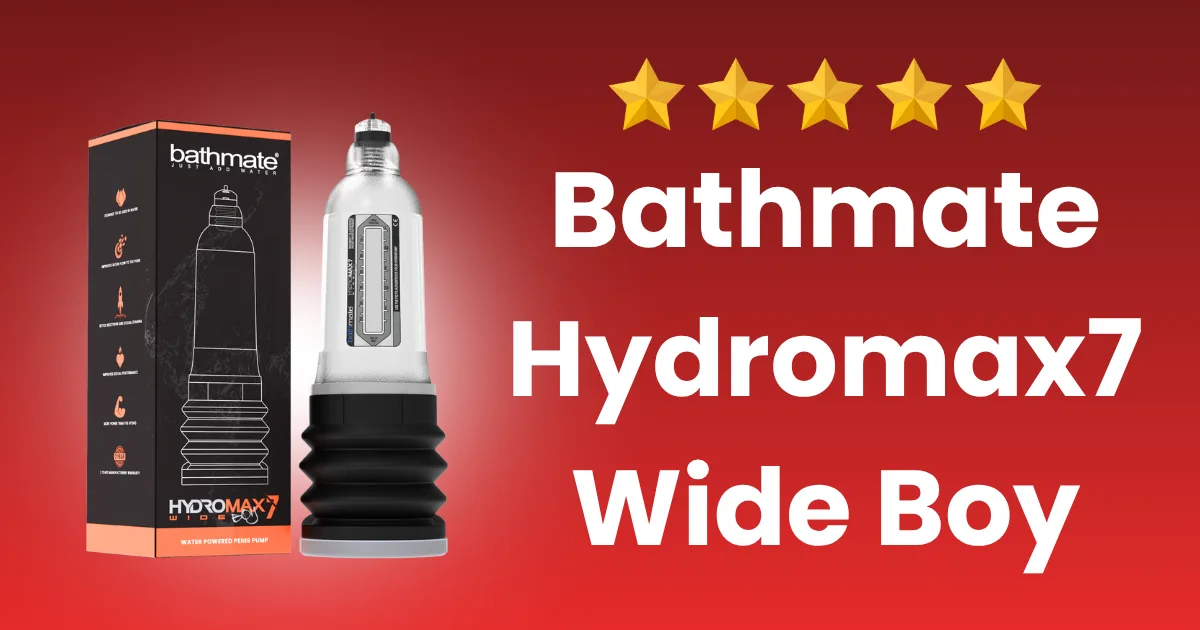A Hydromax7 Wide Boy pump is displayed next to its box on a red background, with five gold stars above bold white text that reads Hydromax7 Wide Boy.
