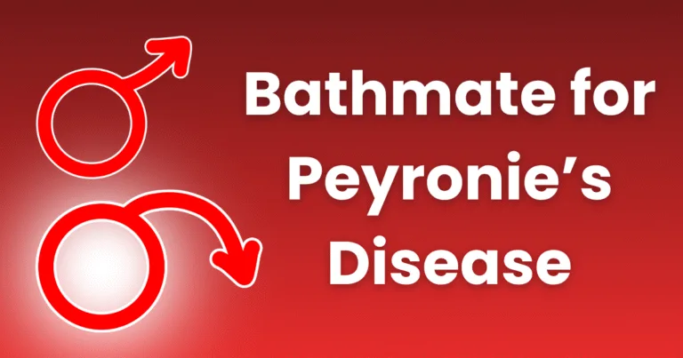 Red graphic displays two male symbols—one upright, one bent—beside bold white text: Bathmate for Peyronie’s disease, set against a striking red gradient background.
