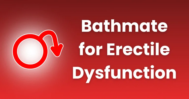 White text on a red gradient background reads Bathmate Pump for Erectile Dysfunction next to a male gender symbol with a downward-pointing arrow.