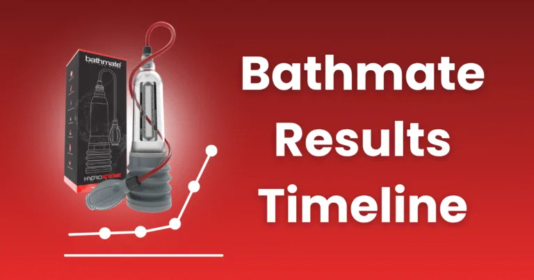 A Bathmate Hydromax pump with its box sits on a red gradient background. To the right, bold white text reads Bathmate Results Timeline, highlighting progress with a rising white line graph.