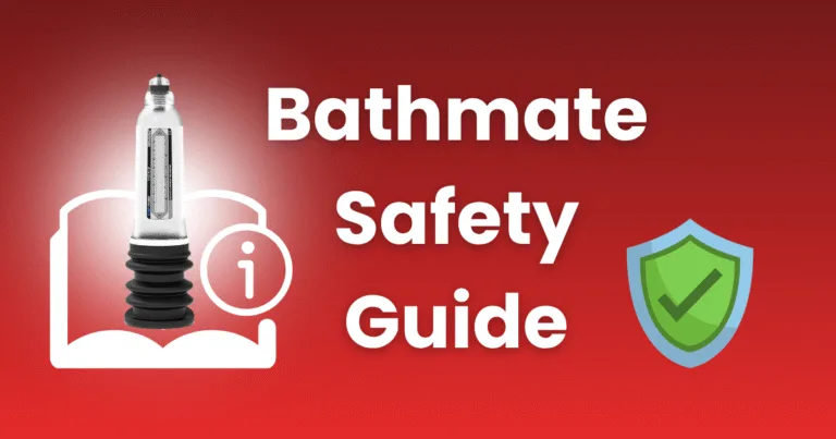 A Bathmate pump beside white text reading Bathmate Safety Guide on a red background, featuring an information icon on an open book and a green checkmark shield, highlights the essentials of the Bathmate safety guide.