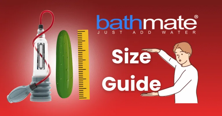 A Bathmate pump, a green cucumber, and a yellow ruler are shown next to the text Bathmate Size Guide. An illustrated person gestures to indicate Bathmate size on a vibrant red background.