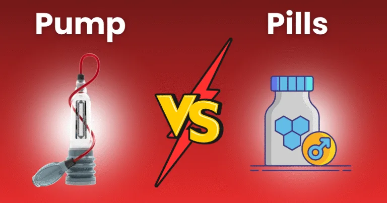 A comparison image showing Bathmate vs male enhancement pills: a penis pump labeled "Pump" on the left, a bottle of pills with a male symbol on the right, and a yellow VS lightning bolt in the center on a bold red background.