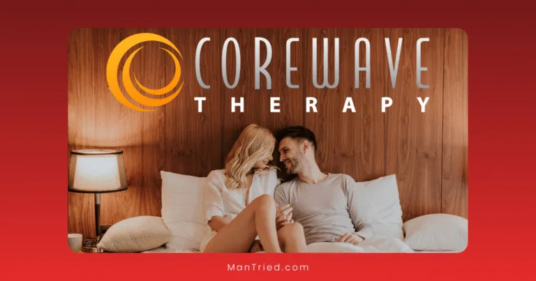 A couple sits closely together on a bed, smiling at each other. The COREWAVE therapy logo appears above them, with a wooden headboard and a lit lamp beside the bed.