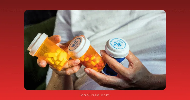 A person holding three prescription pill bottles with different colored lids and pills, possibly representing ED medication alternatives, wearing a white shirt, with a red gradient background.