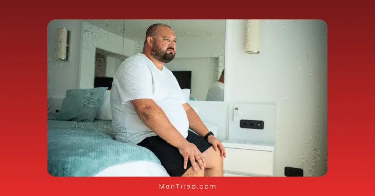 A man in a white t-shirt and black shorts sits on the edge of a bed in a modern, bright bedroom, looking thoughtful—perhaps reflecting on the ED-obesity cycle.