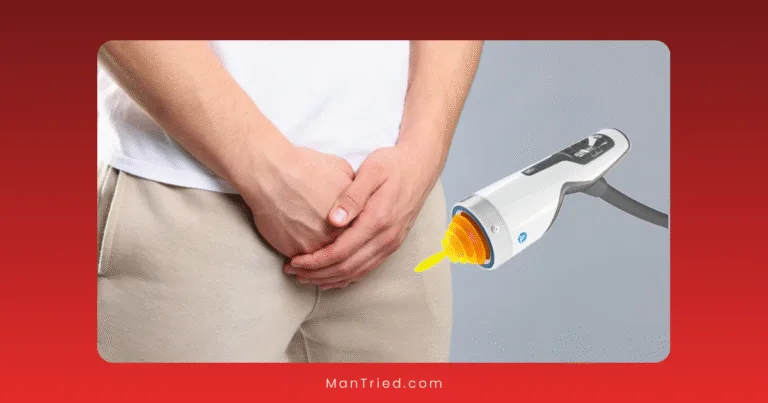 A man in light clothing covers his groin with his hands as a digital illustration of a LiSWT medical laser device emits a yellow beam toward his pelvic area.