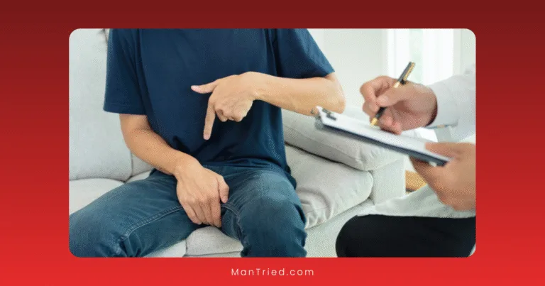 A man in a blue shirt sits on a couch, pointing to his groin area as he discusses Peyronie's disease treatment with a doctor taking notes on a clipboard during the consultation.