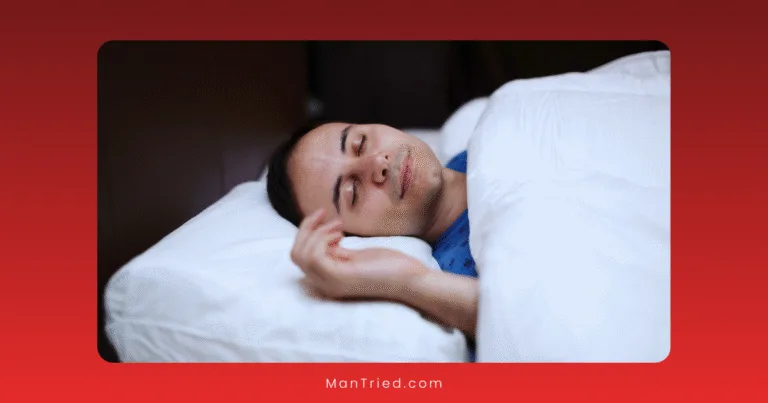 A person lies in bed under a white blanket, smiling peacefully with eyes closed, appearing relaxed and comfortable—possibly experiencing REM sleep. The image has a red border.