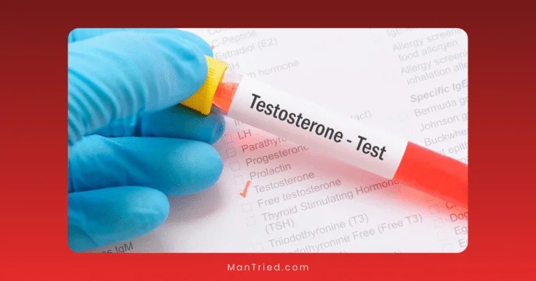A gloved hand holds a blood sample tube labeled Testosterone - Test above a medical form with Testosterone checked, illustrating careful TRT monitoring.