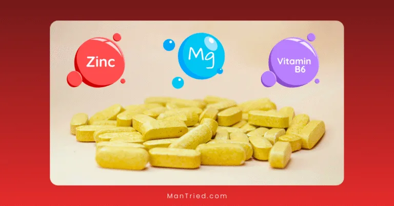 A pile of yellow ZMA tablets is displayed, with colorful bubbles labeled Zinc, Mg (magnesium), and Vitamin B6 above them. The background is red.