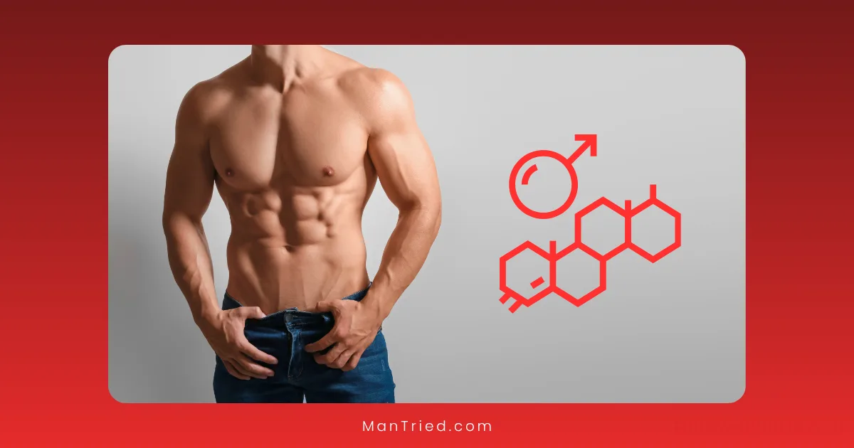 A shirtless, muscular man stands with hands in his jeans pockets next to a graphic of male and hormone symbols, highlighting age-related testosterone decline, on a gradient red background.