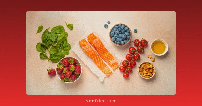 A flat lay of fresh salmon fillets, spinach, strawberries, blueberries, cherry tomatoes on the vine, a small bowl of olive oil, and bowls of almonds and cashews—all perfect staples for an anti-inflammatory diet—arranged on a beige surface.