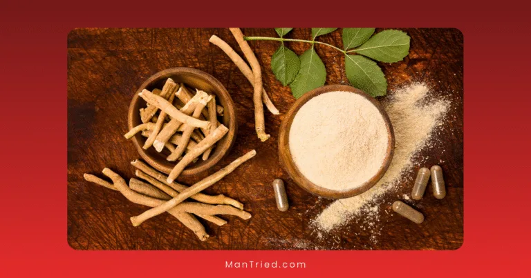 A wooden surface displays ashwagandha roots, a bowl of ashwagandha powder, capsules, and green leaves—adaptogens for sexual health—with some powder spilled beside the bowl. The image has a red gradient border.