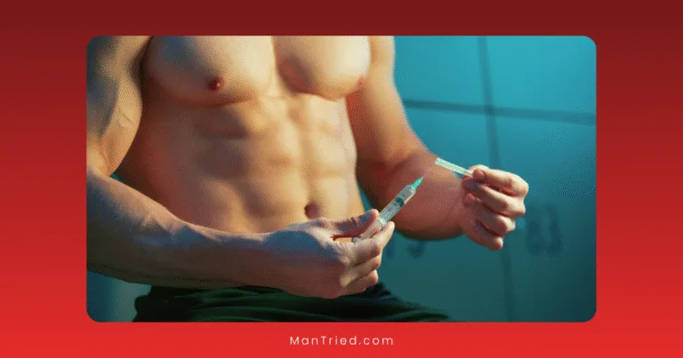 A shirtless, muscular man sits and prepares a syringe, possibly with bioidentical hormones, against a blurred background of cabinets.
