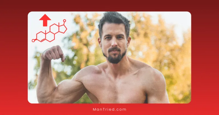 A muscular, shirtless man flexes his arm outdoors with trees behind him. A red hormone molecule and upward arrow in the top left hint at rising testosterone levels after 40.