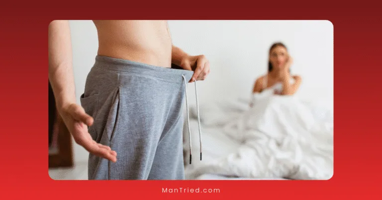 A man in gray sweatpants looks down into his pants, possibly worried about causes of low libido, while a woman on a bed in the background appears surprised or concerned. The scene is set in a bedroom.