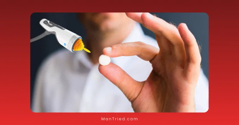 A person holds a small white pill between their fingers while a 3D printing nozzle dispensing yellow material points toward the pill, hinting at combining shockwave therapy with ED treatments. The background is blurred.