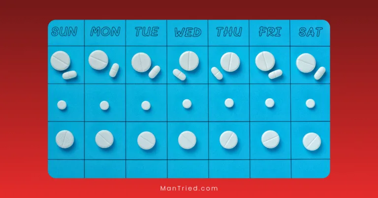 A blue weekly pill organizer labeled with days of the week, filled with various round and oval white pills for daily and on-demand ED medication, on a red gradient background.