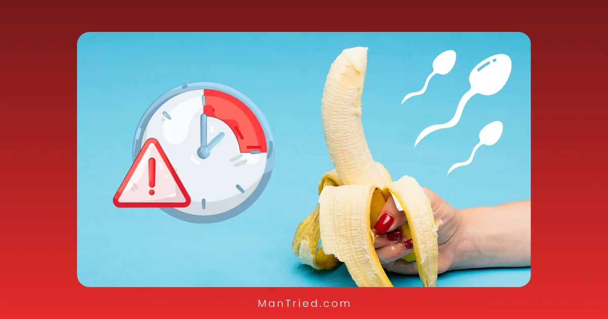 A hand holds a peeled banana, resembling a phallic symbol. Next to it is a clock with a warning sign and three illustrated sperm, subtly hinting at delayed ejaculation causes and themes of sexual health or performance.