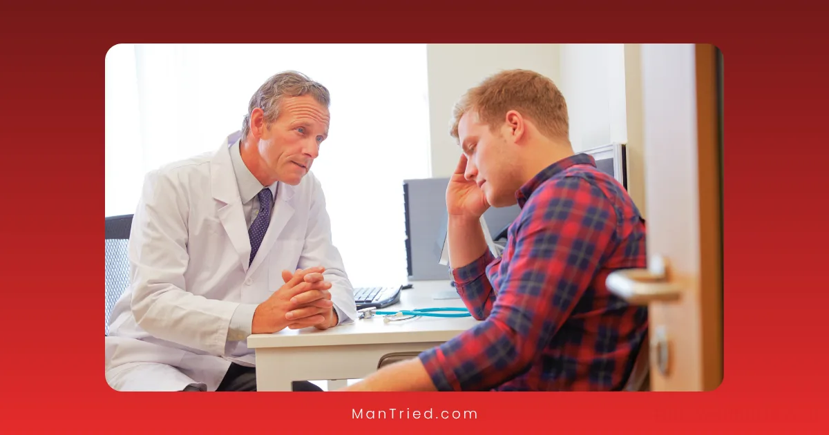 A doctor in a white coat discusses delayed ejaculation treatments with a young man in a plaid shirt, who looks worried and rests his head on his hand, in a medical office. Computer monitors and a stethoscope are on the desk.