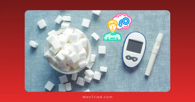 A bowl of sugar cubes, a glucose meter, and a lancing device are on a blue surface, with an illustrated worried person and a sugar thought bubble above them—highlighting concerns about diabetes and erectile dysfunction.