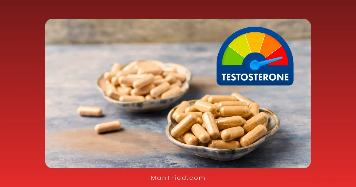 Two small bowls filled with brown capsules sit on a wooden surface. In the top right, a Testosterone graphic and meter signal high levels, suggesting natural testosterone boosters.