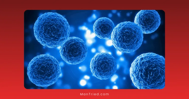 Blue spherical cells or microorganisms, possibly linked to exosome therapy, float against a glowing blue background.