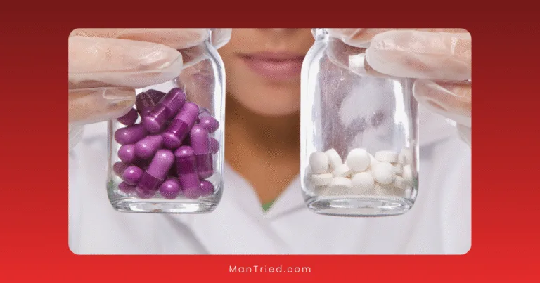 A person wearing latex gloves holds two glass jars—one filled with purple capsules and the other with small white tablets, representing generic and brand-name ED medications—against a red gradient background.