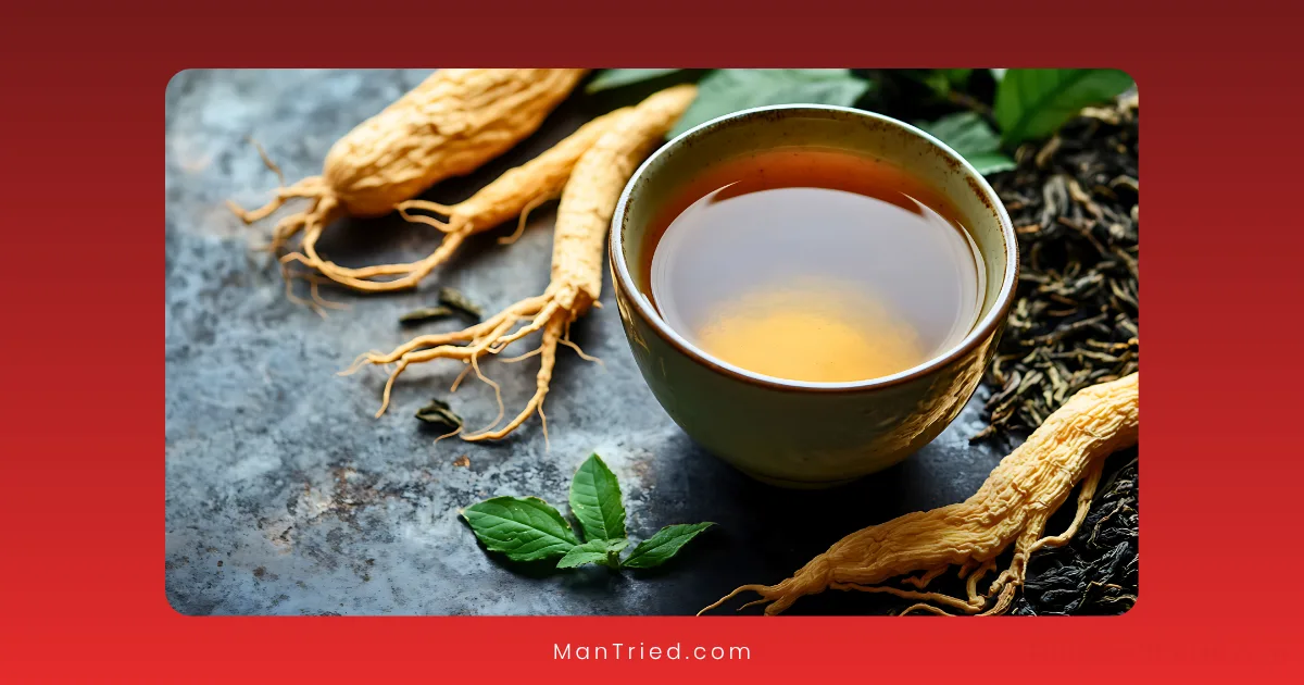 A cup of herbal tea sits on a gray surface surrounded by ginseng roots, loose tea leaves, and fresh green mint leaves—highlighting the benefits of ginseng for sexual health. The background features a red gradient border.