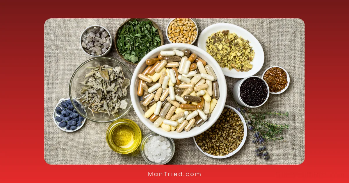 A variety of herbal supplements, dried herbs, seeds, oils, and capsules—including herbal blends for sexual health—arranged in small bowls on a fabric surface with a red gradient border.