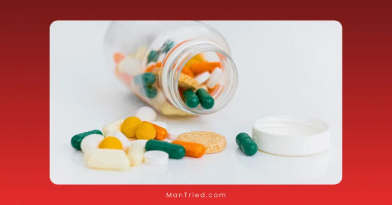 A variety of pills and capsules spill out of a clear bottle onto a white surface, suggesting choices in hormone optimization vs replacement, with the bottle’s white cap lying nearby. The background is white with a red gradient border.