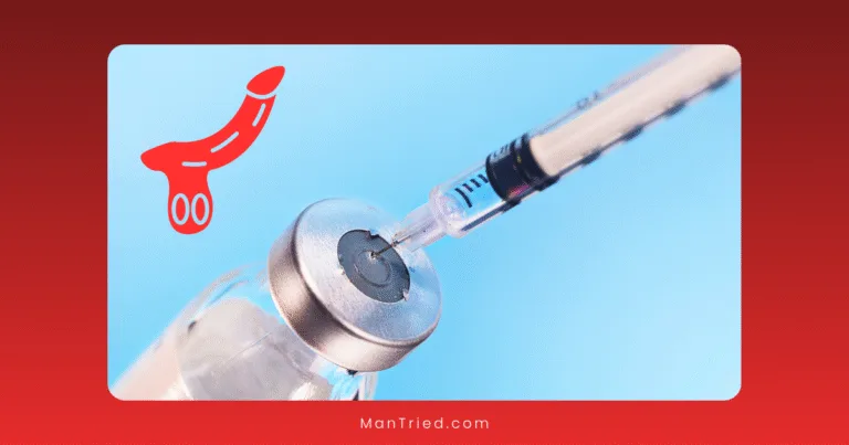 A syringe draws liquid from a vial against a blue background, hinting at intracavernosal injections. A red, cartoon penis illustration sits in the corner.