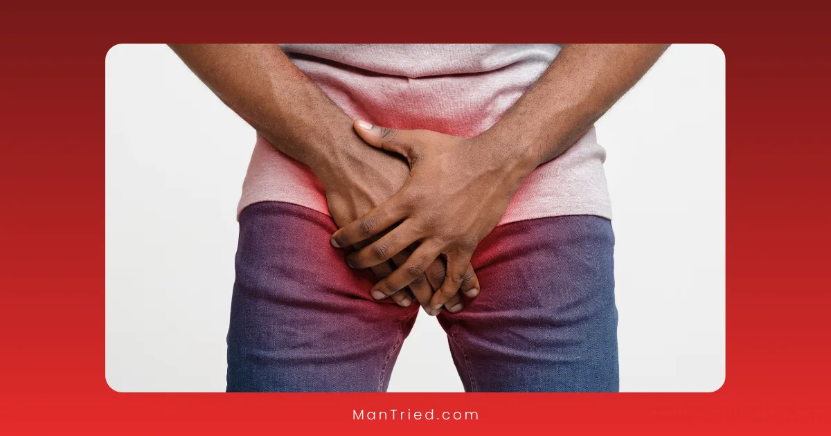 A person in a light shirt and jeans stands with hands clasped over their groin area, suggesting the discomfort of living with Peyronie's disease. The surrounding area is highlighted in red.