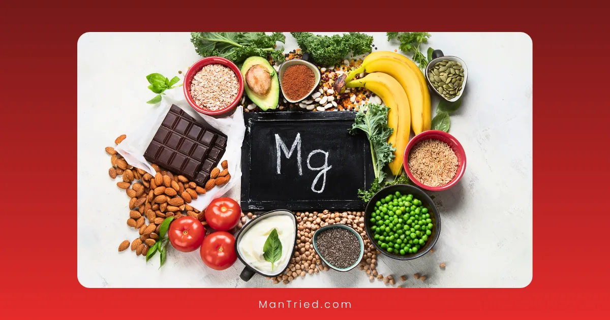 Various magnesium-rich foods, such as bananas, avocados, spinach, and nuts, surround a chalkboard with “Mg” written on it against a red gradient background—a nod to magnesium’s connection to supporting healthy testosterone levels.