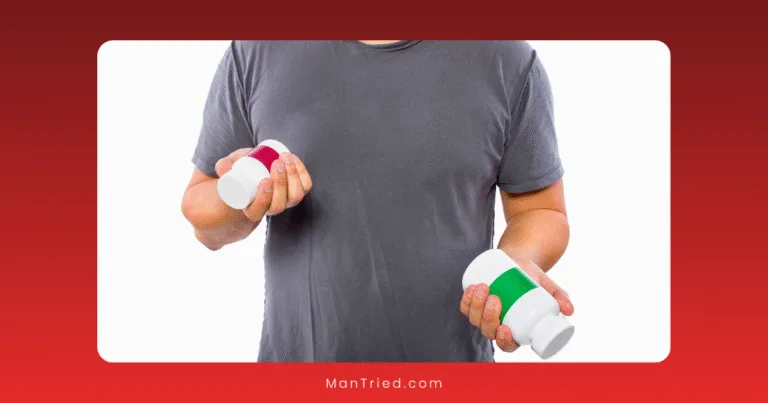 A person in a gray t-shirt holds two white bottles—one labeled red and the other green—against a white background, highlighting the choice between male enhancement pills vs prescription medications.