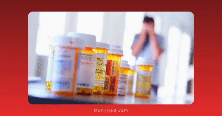 Several prescription pill bottles are lined up on a table in the foreground, while a person stands in the blurry background, covering their face with their hands, suggesting distress—possibly from medication-induced delayed ejaculation.
