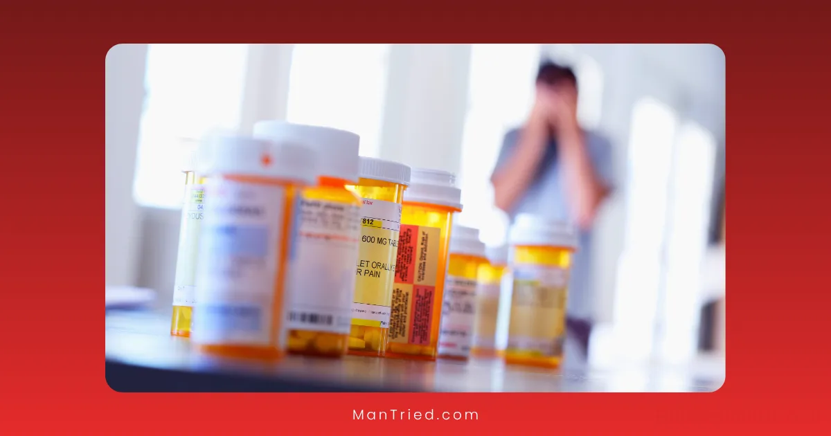 Several prescription pill bottles are lined up on a table in the foreground, while a person stands in the blurry background, covering their face with their hands, suggesting distress—possibly from medication-induced delayed ejaculation.