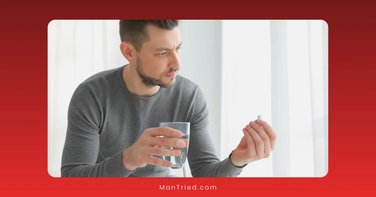 A man in a gray sweater sits indoors, holding a glass of water and thoughtfully considering medication options for premature ejaculation. The softly lit background sets the mood.