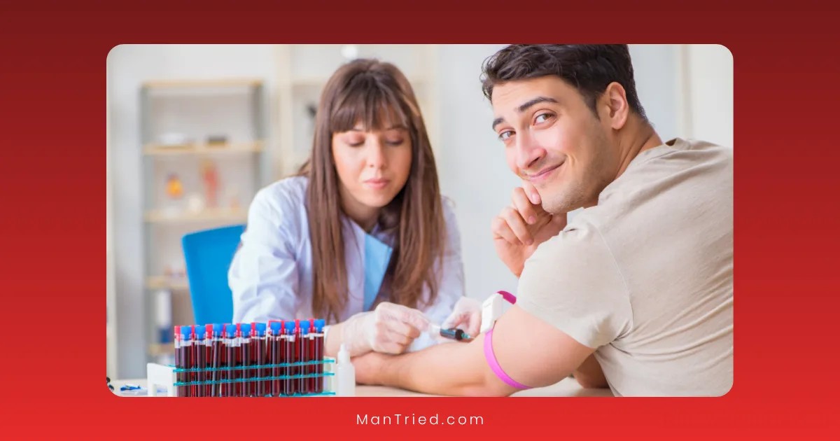 A smiling man donates blood while a healthcare worker prepares his arm with a needle; several vials of blood for micronutrient testing are visible in the foreground on a table.