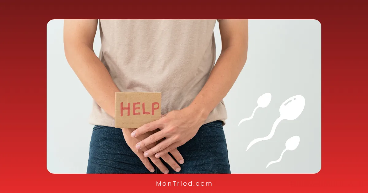 A man holds a cardboard sign reading HELP in front of his groin, with illustrated sperm on the side, hinting at neurological causes of premature ejaculation.