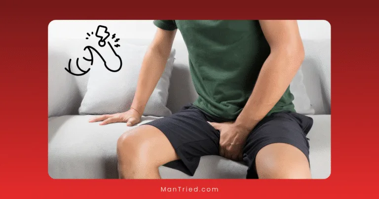 A man sitting on a couch wearing a green shirt and black shorts holds his groin in pain, illustrating the need for pain management for penile injections; a cartoon drawing of a bent, cracked object is shown beside him.