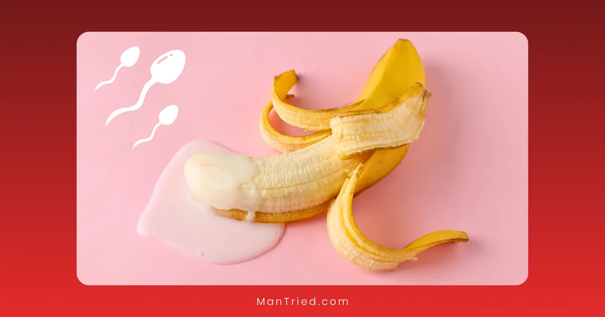 A peeled banana sits on a pink surface with creamy white liquid on it and illustrated sperm shapes floating nearby, humorously referencing male sexual health or fertility, while also playfully nodding to premature ejaculation myths.