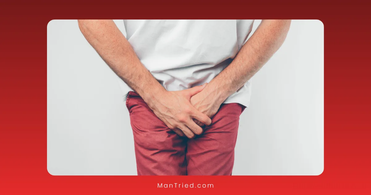 A man wearing a white shirt and red pants stands against a plain background, holding his hands over his groin area, suggesting discomfort or pain and hinting at the psychological impact of Peyronie's disease.