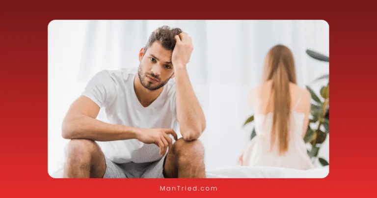 A man sits on the edge of a bed, looking distressed with his hand on his head, while a woman, coping with sexual trauma, sits with her back turned to him.